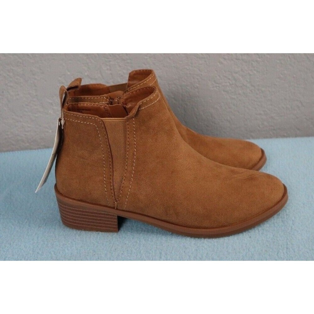 Time & Tru Bootie Ankle Boots Faux Suede Memory Foam Brown Camel Size